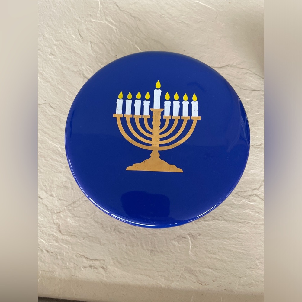 Blue Ceramic Dish with lid-Menorah on Lid- Happy Hanukah By Palm Tree Co